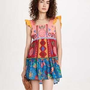Farm Rio Embroidered Multicolor Block Cross-Stitch Tiered Cotton Minidress Sz S
